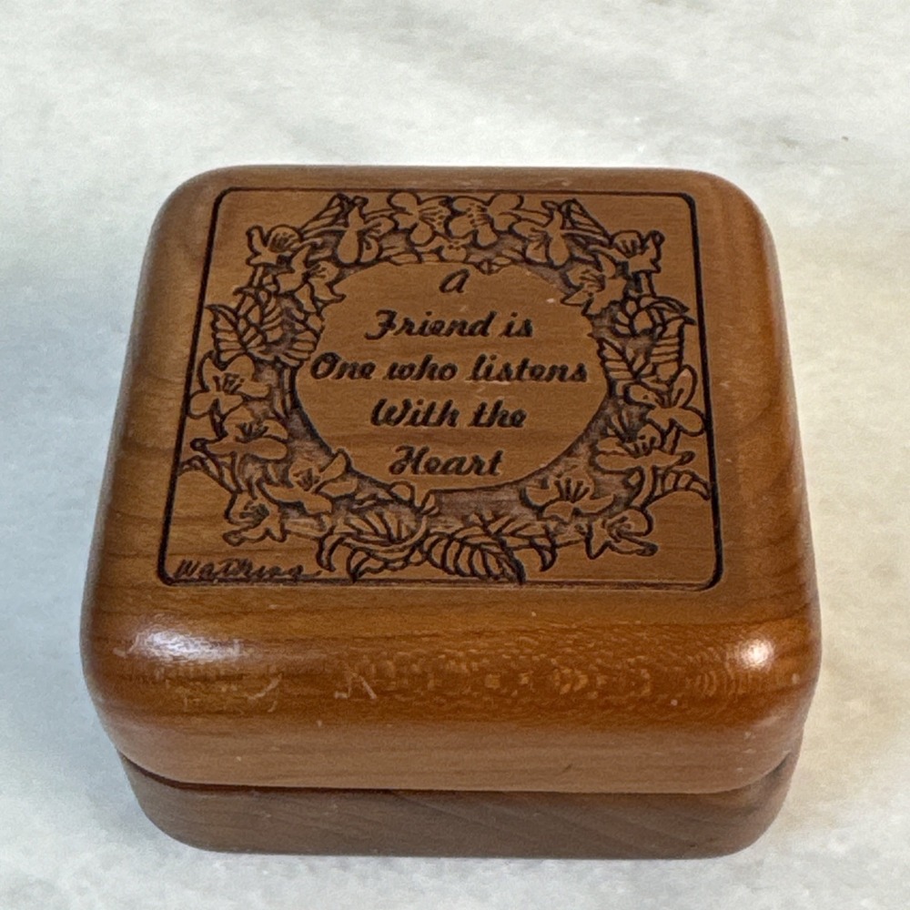 Lily Laser Engraved Music Box Wind up Signed Watkins Wood 2.25"